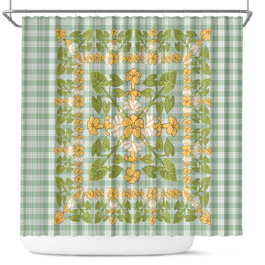 Squares Puakenikeni and Kalo Shower Curtain Turquoise Palaka Hawaiian Quilt Pattern - Polynesian Pride