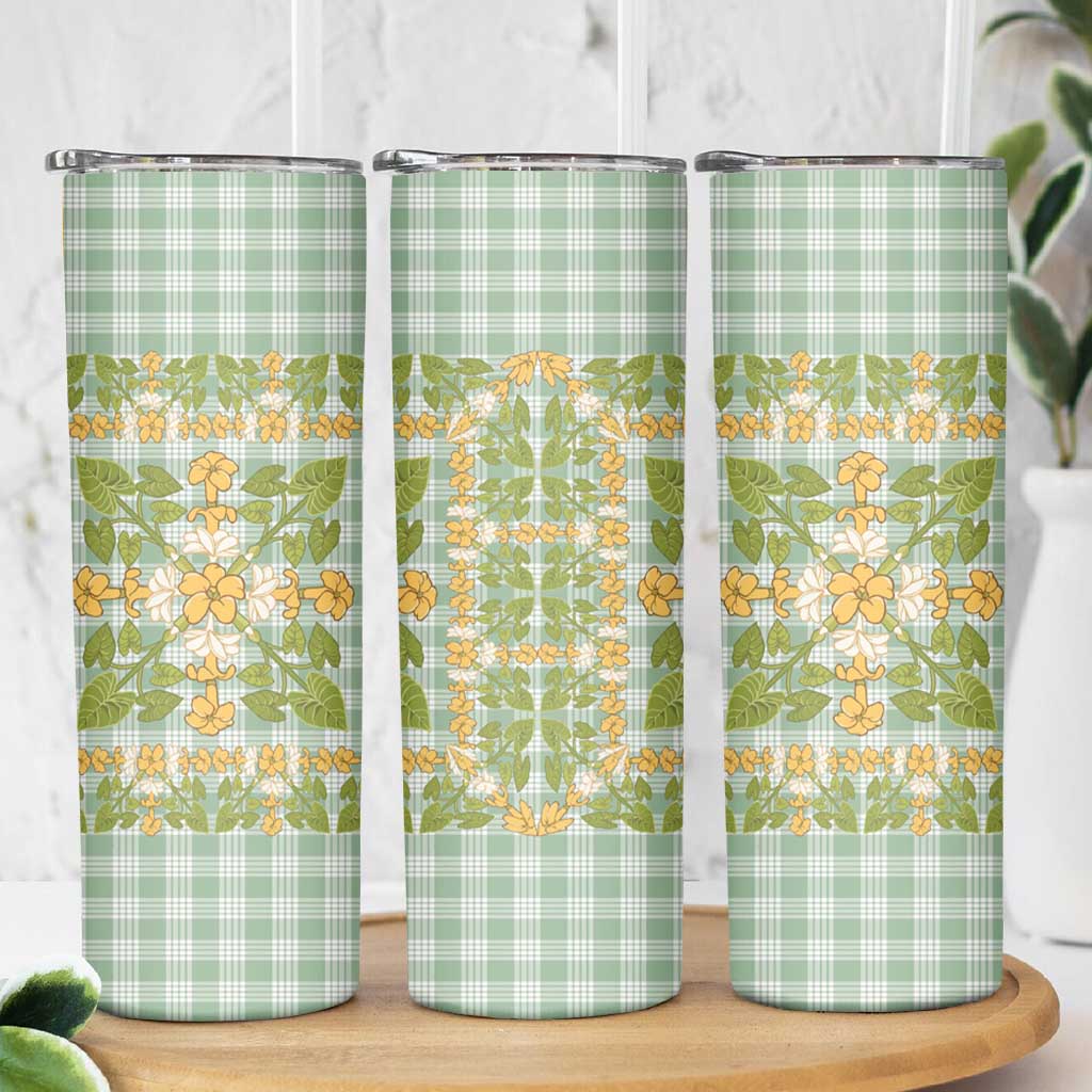 Squares Puakenikeni and Kalo Skinny Tumbler Turquoise Palaka Hawaiian Quilt Pattern - Polynesian Pride