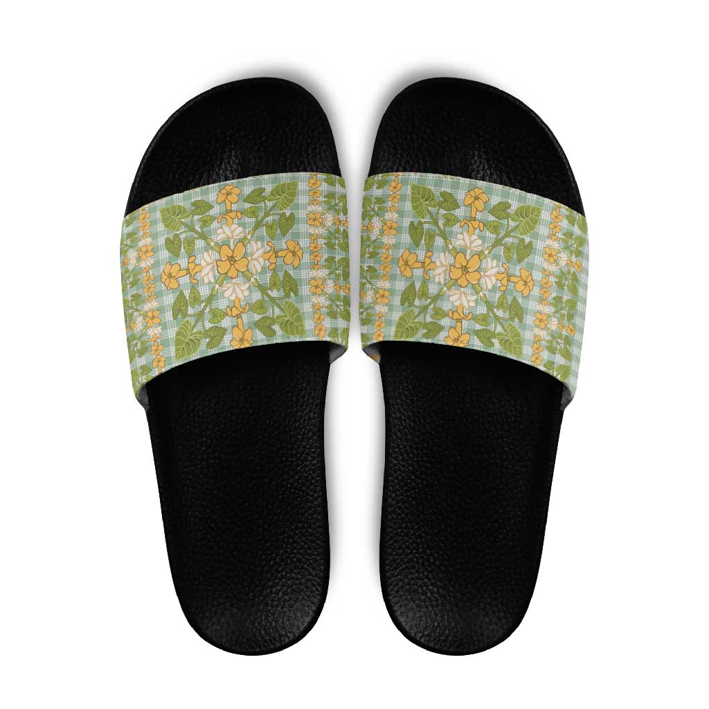 Squares Puakenikeni and Kalo Slide Sandals Turquoise Palaka Hawaiian Quilt Pattern - Polynesian Pride