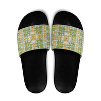 Squares Puakenikeni and Kalo Slide Sandals Turquoise Palaka Hawaiian Quilt Pattern - Polynesian Pride