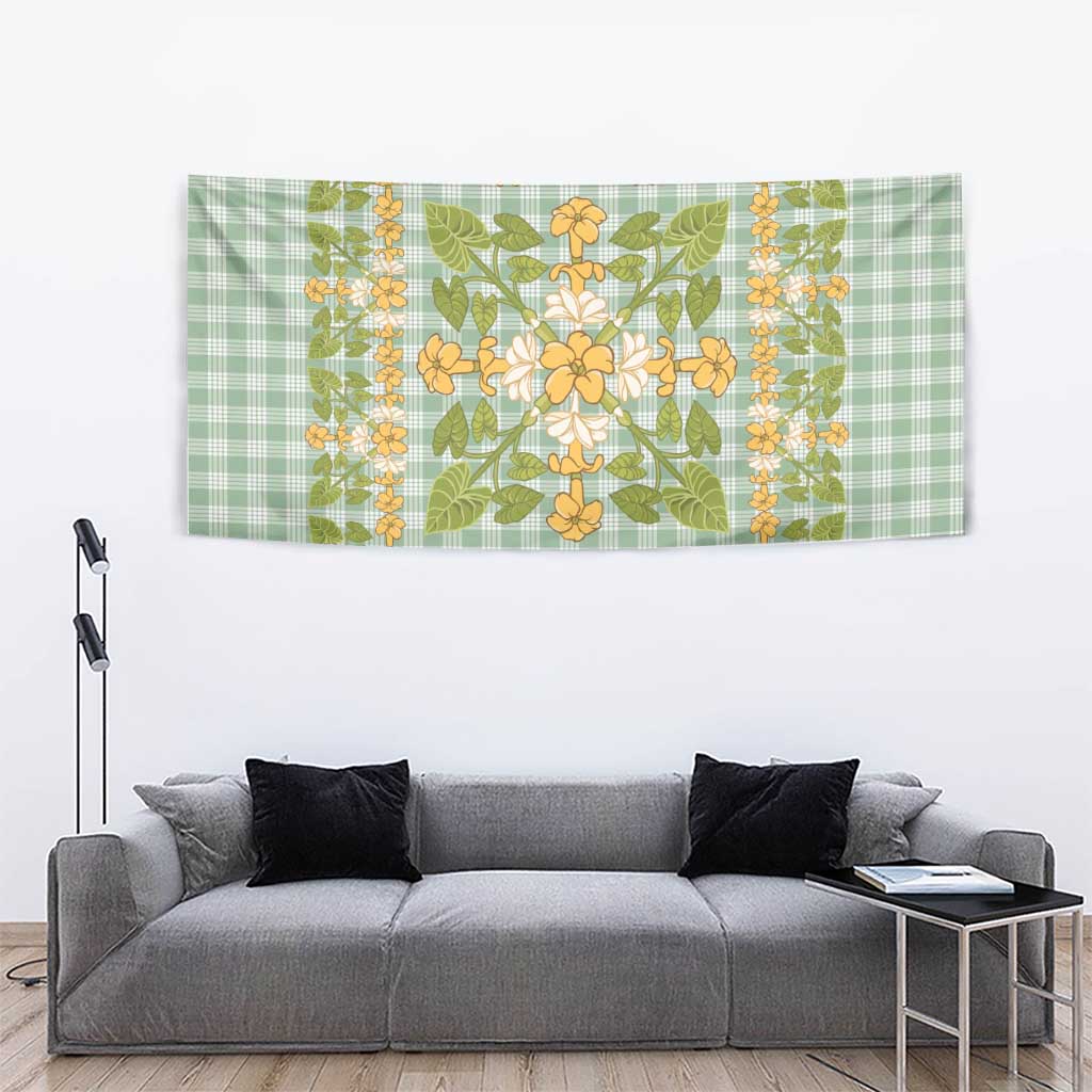 Squares Puakenikeni and Kalo Tapestry Turquoise Palaka Hawaiian Quilt Pattern - Polynesian Pride