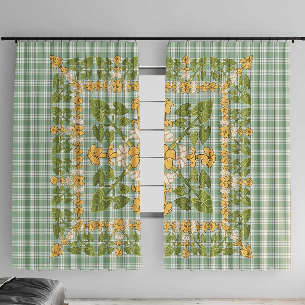 Squares Puakenikeni and Kalo Window Curtain Turquoise Palaka Hawaiian Quilt Pattern - Polynesian Pride