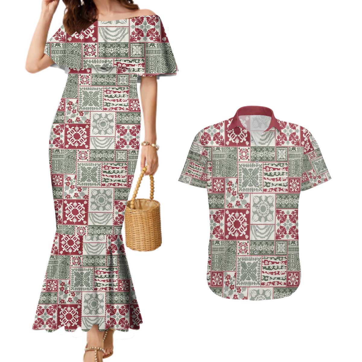 Mele Kalikimaka Hawaii Christmas Couples Matching Mermaid Dress and Hawaiian Shirt Aloha Spirit with Hawaiian Quilt Pattern - Polynesian Pride