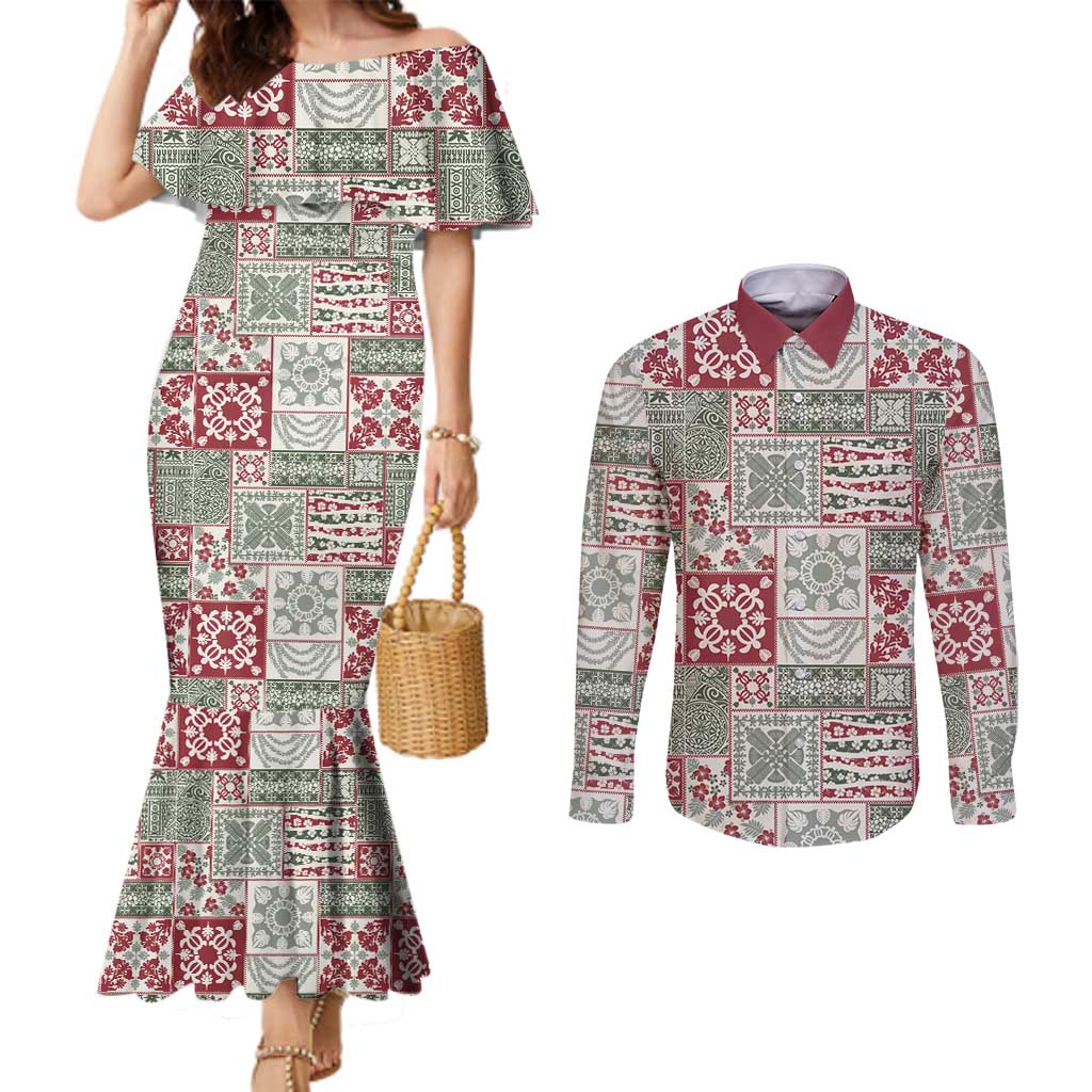 Mele Kalikimaka Hawaii Christmas Couples Matching Mermaid Dress and Long Sleeve Button Shirt Aloha Spirit with Hawaiian Quilt Pattern - Polynesian Pride