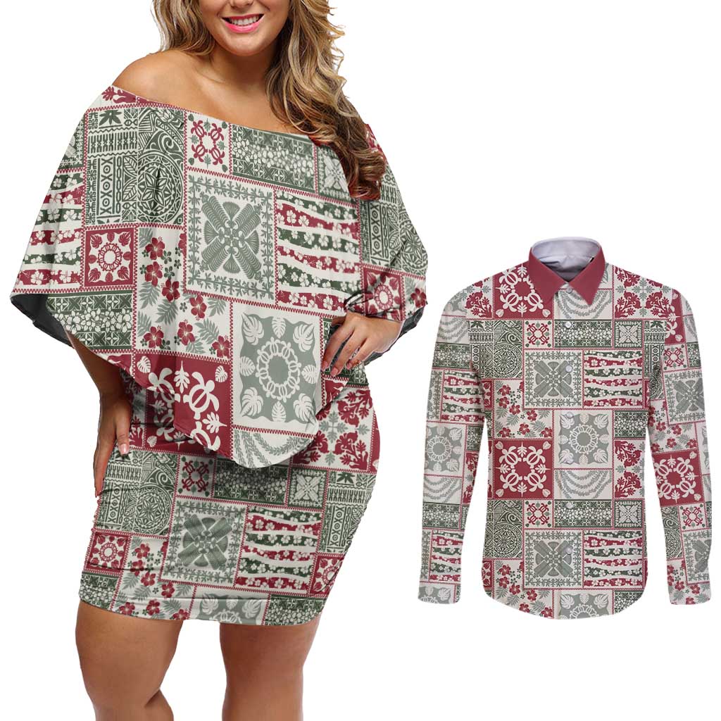 Mele Kalikimaka Hawaii Christmas Couples Matching Off Shoulder Short Dress and Long Sleeve Button Shirt Aloha Spirit with Hawaiian Quilt Pattern - Polynesian Pride