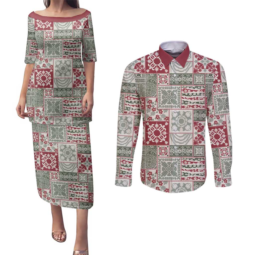 Mele Kalikimaka Hawaii Christmas Couples Matching Puletasi and Long Sleeve Button Shirt Aloha Spirit with Hawaiian Quilt Pattern - Polynesian Pride