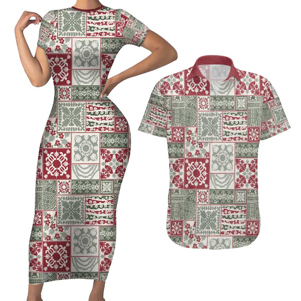 Mele Kalikimaka Hawaii Christmas Couples Matching Short Sleeve Bodycon Dress and Hawaiian Shirt Aloha Spirit with Hawaiian Quilt Pattern - Polynesian Pride