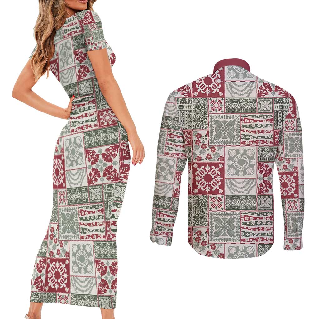 Mele Kalikimaka Hawaii Christmas Couples Matching Short Sleeve Bodycon Dress and Long Sleeve Button Shirt Aloha Spirit with Hawaiian Quilt Pattern - Polynesian Pride