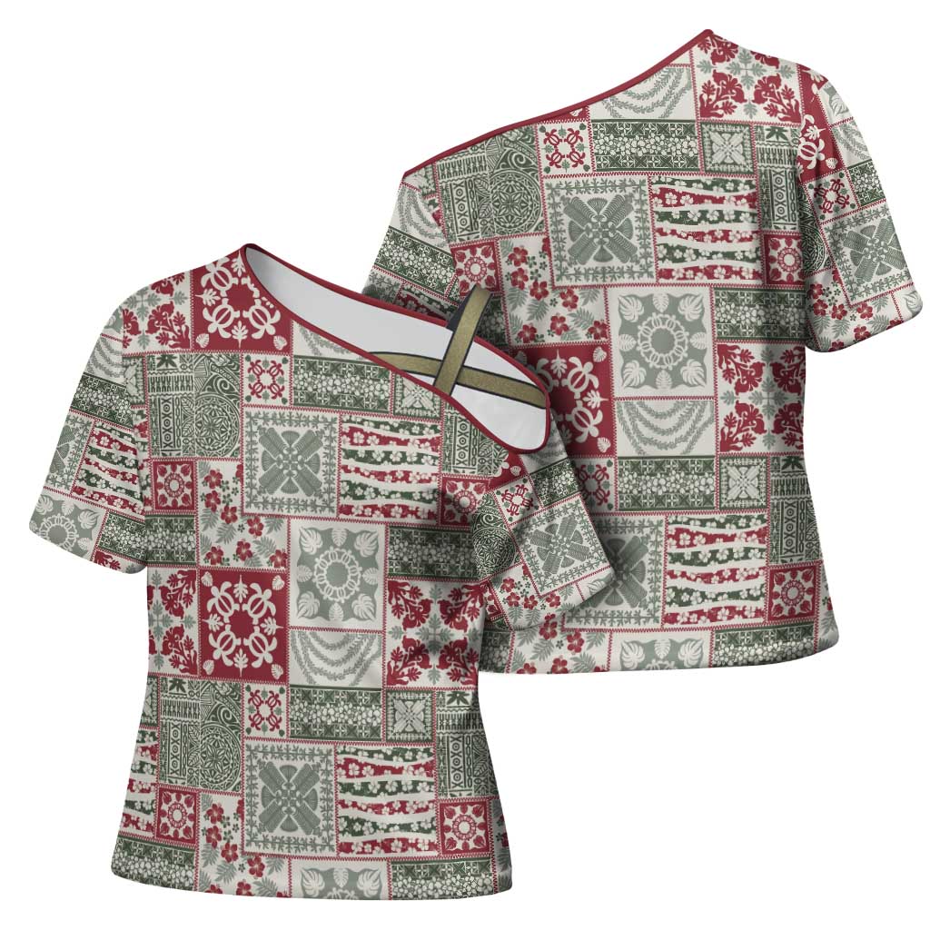 Mele Kalikimaka Hawaii Christmas Cross Shoulder Shirt Aloha Spirit with Hawaiian Quilt Pattern - Polynesian Pride