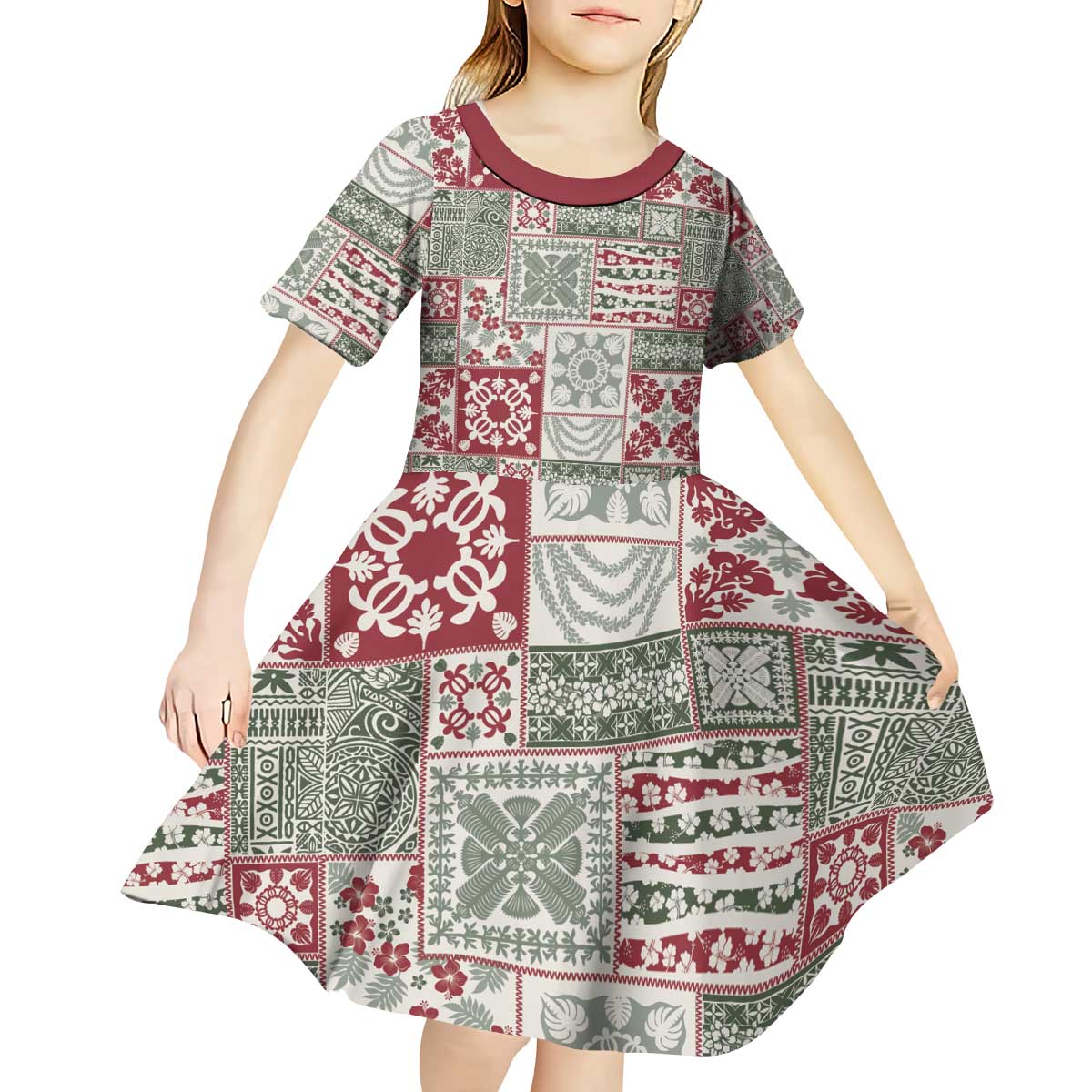 Mele Kalikimaka Hawaii Christmas Kid Short Sleeve Dress Aloha Spirit with Hawaiian Quilt Pattern - Polynesian Pride