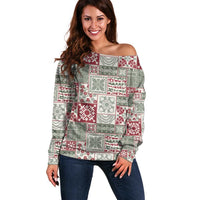 Mele Kalikimaka Hawaii Christmas Off Shoulder Sweater Aloha Spirit with Hawaiian Quilt Pattern - Polynesian Pride