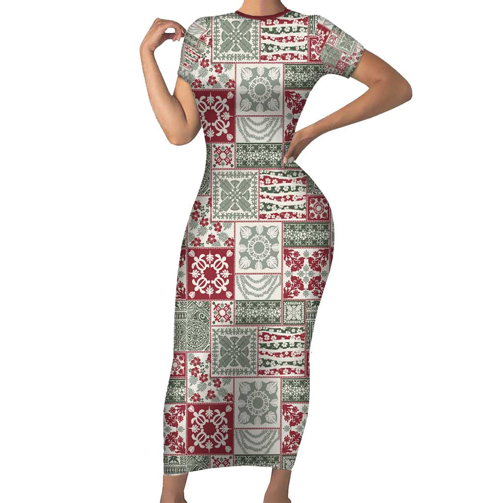 Mele Kalikimaka Hawaii Christmas Short Sleeve Bodycon Dress Aloha Spirit with Hawaiian Quilt Pattern - Polynesian Pride