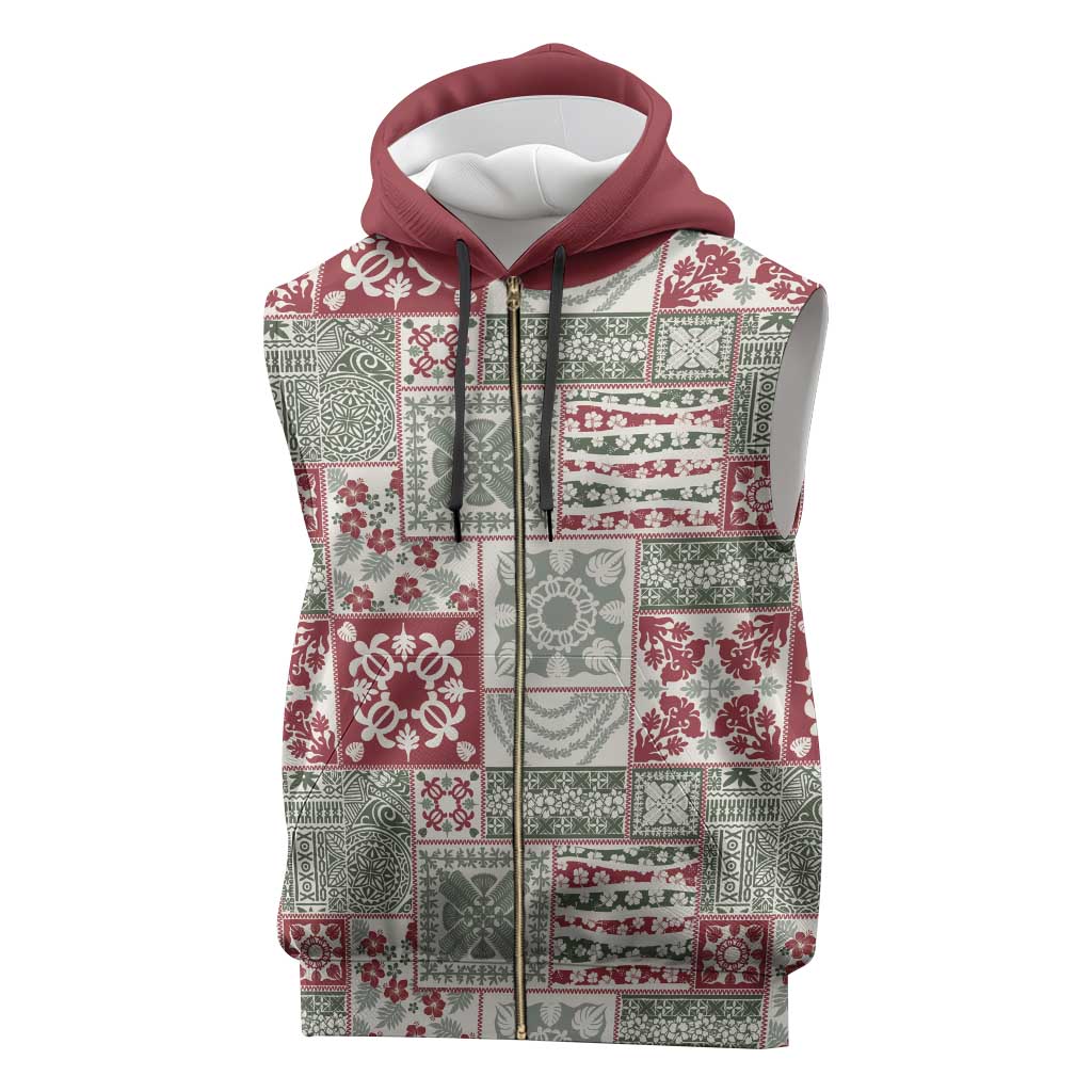 Mele Kalikimaka Hawaii Christmas Sleeveless Zip Hoodie Aloha Spirit with Hawaiian Quilt Pattern - Polynesian Pride