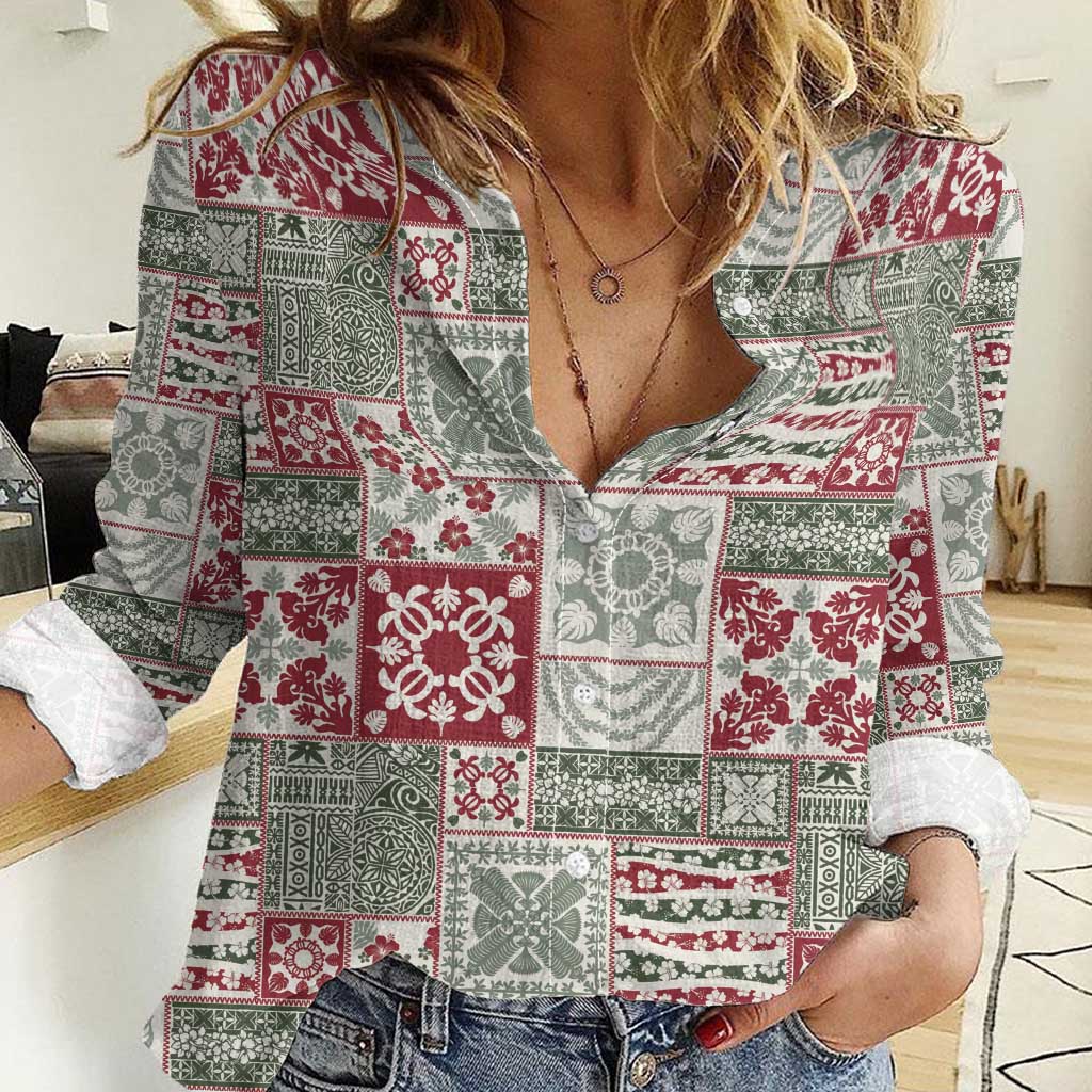 Mele Kalikimaka Hawaii Christmas Women Casual Shirt Aloha Spirit with Hawaiian Quilt Pattern - Polynesian Pride