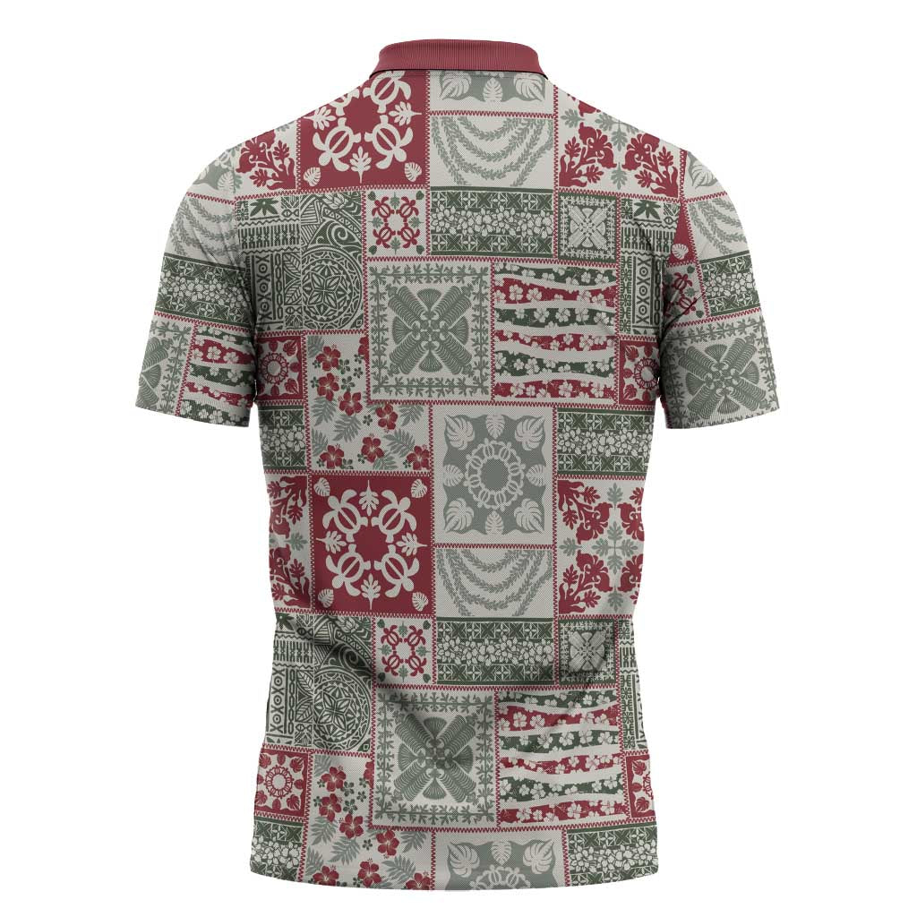 Mele Kalikimaka Hawaii Christmas Zipper Polo Shirt Aloha Spirit with Hawaiian Quilt Pattern - Polynesian Pride
