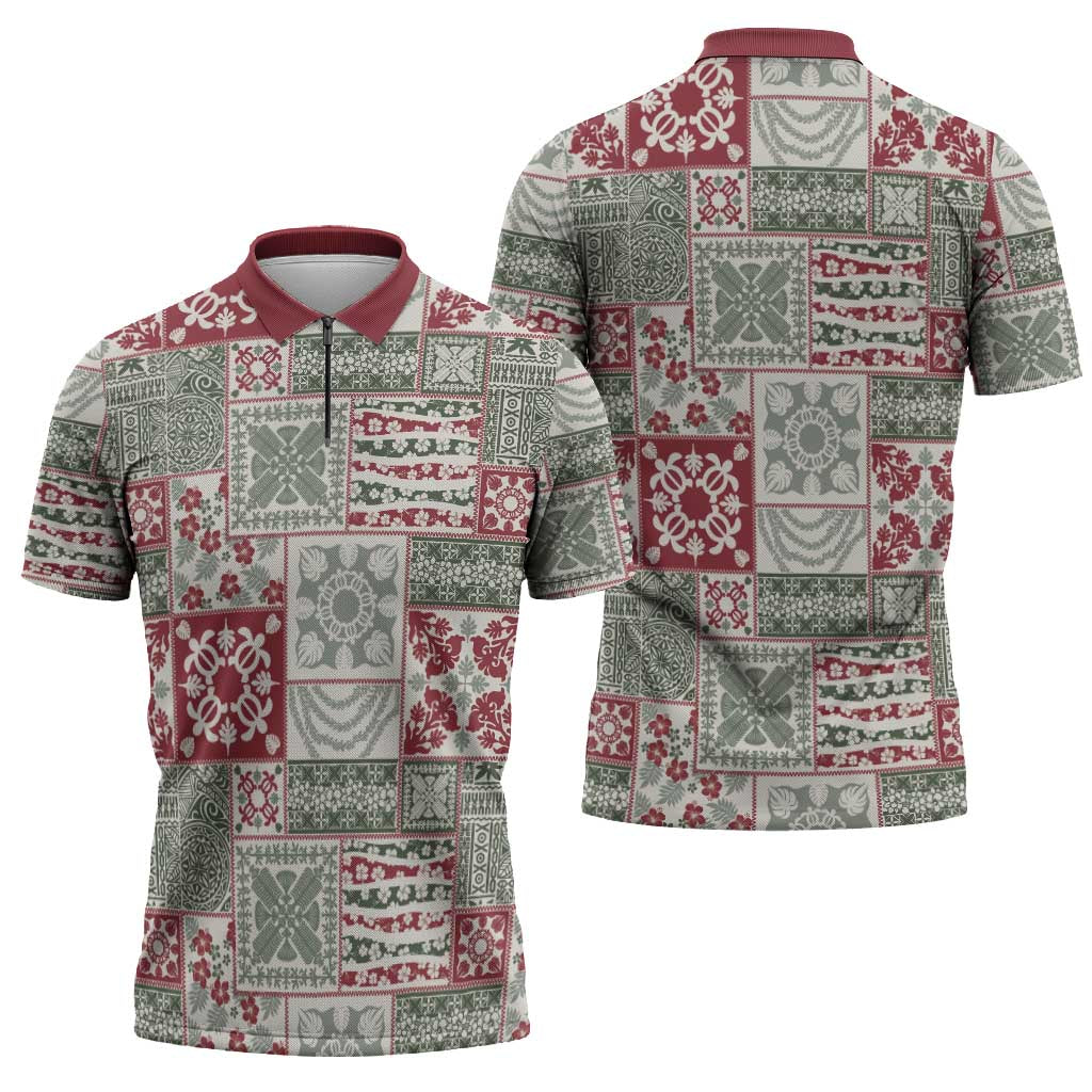 Mele Kalikimaka Hawaii Christmas Zipper Polo Shirt Aloha Spirit with Hawaiian Quilt Pattern - Polynesian Pride