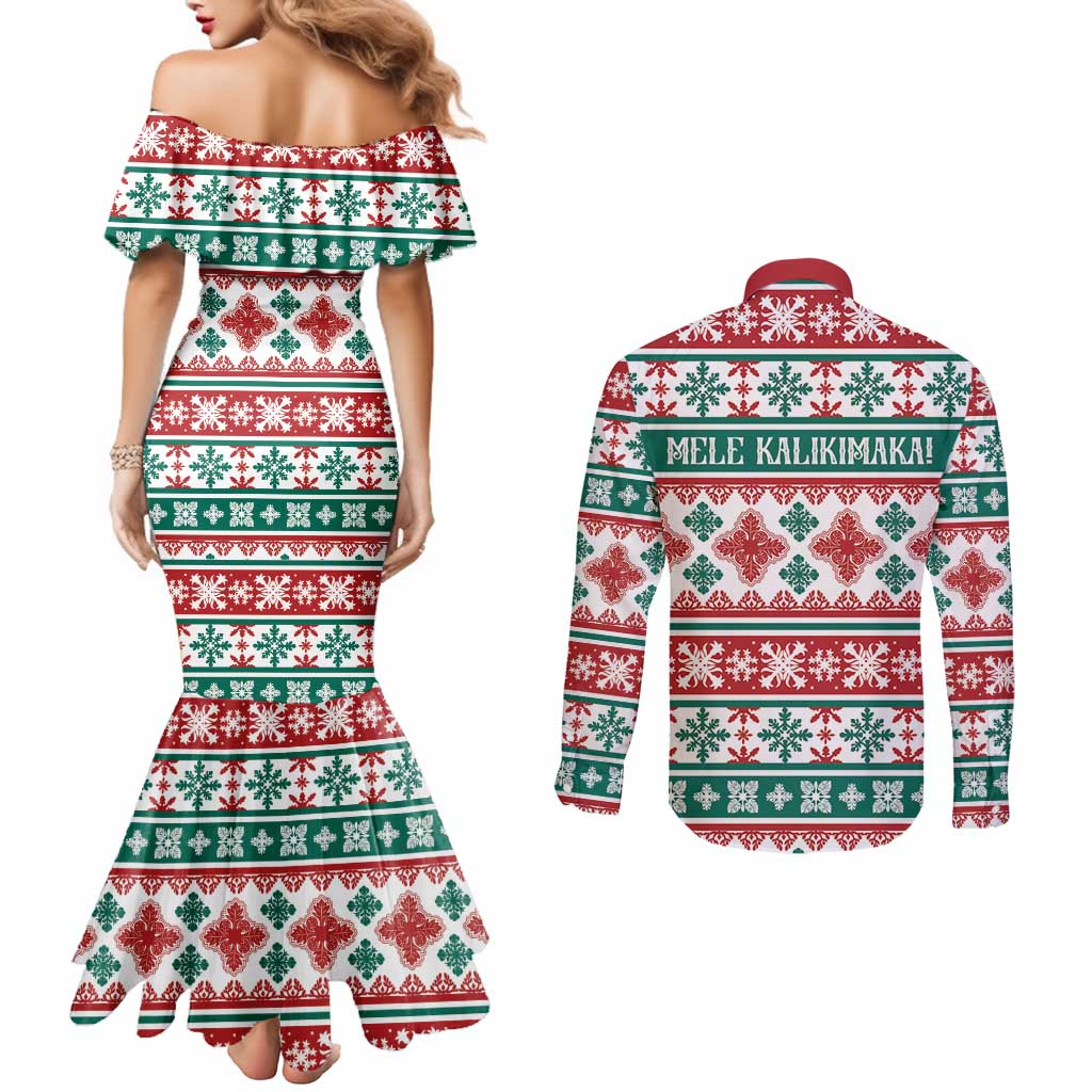 Mele Kalikimaka Hawaii Christmas Couples Matching Mermaid Dress and Long Sleeve Button Shirt Hawaiian Quilt Pattern Style - Polynesian Pride