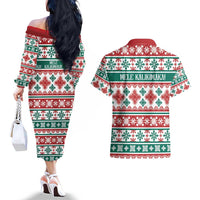 Mele Kalikimaka Hawaii Christmas Couples Matching Off The Shoulder Long Sleeve Dress and Hawaiian Shirt Hawaiian Quilt Pattern Style - Polynesian Pride