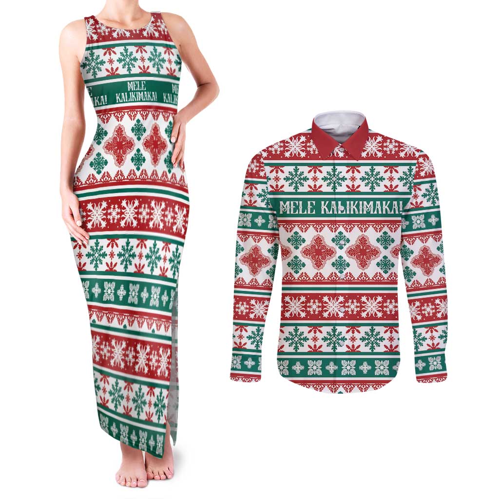 Mele Kalikimaka Hawaii Christmas Couples Matching Tank Maxi Dress and Long Sleeve Button Shirt Hawaiian Quilt Pattern Style - Polynesian Pride