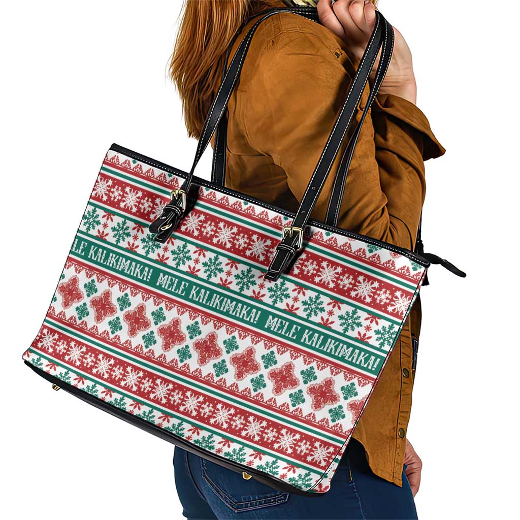 Mele Kalikimaka Hawaii Christmas Leather Tote Bag Hawaiian Quilt Pattern Style - Polynesian Pride