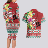 Santa Surf Mele Kalikimaka Personalized Couples Matching Long Sleeve Bodycon Dress and Hawaiian Shirt Aloha Tropical Christmas Vibes - Polynesian Pride