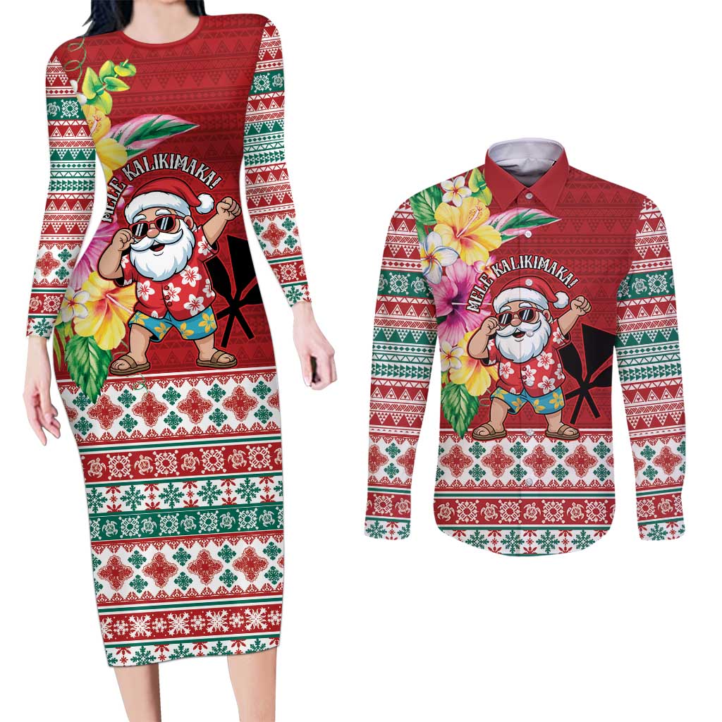 Santa Surf Mele Kalikimaka Personalized Couples Matching Long Sleeve Bodycon Dress and Long Sleeve Button Shirt Aloha Tropical Christmas Vibes - Polynesian Pride