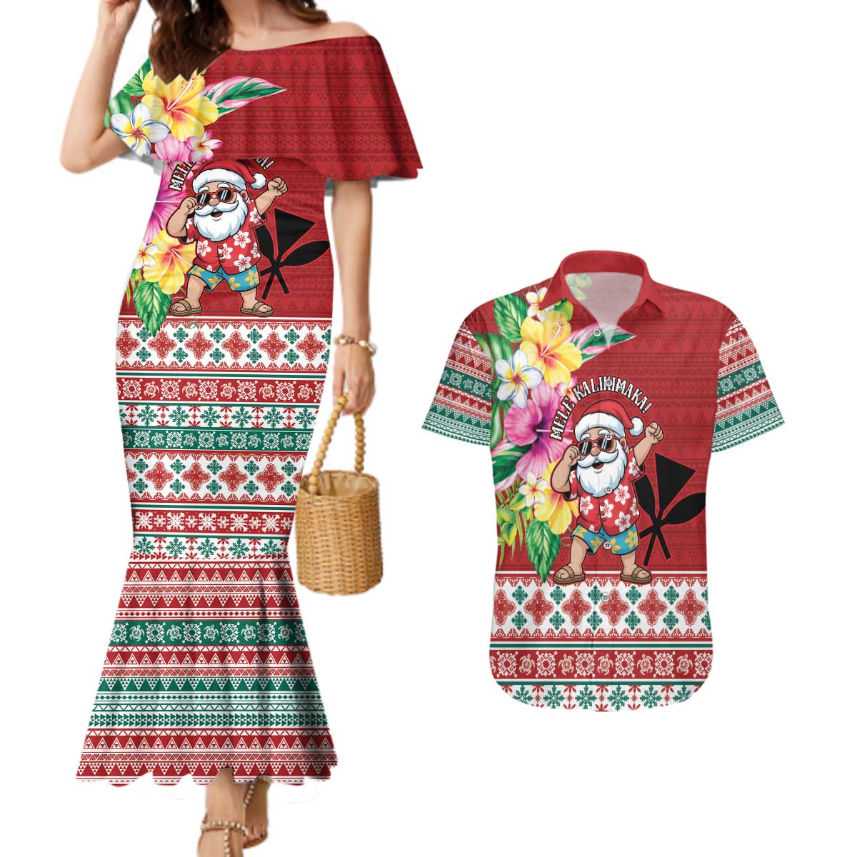 Santa Surf Mele Kalikimaka Personalized Couples Matching Mermaid Dress and Hawaiian Shirt Aloha Tropical Christmas Vibes - Polynesian Pride