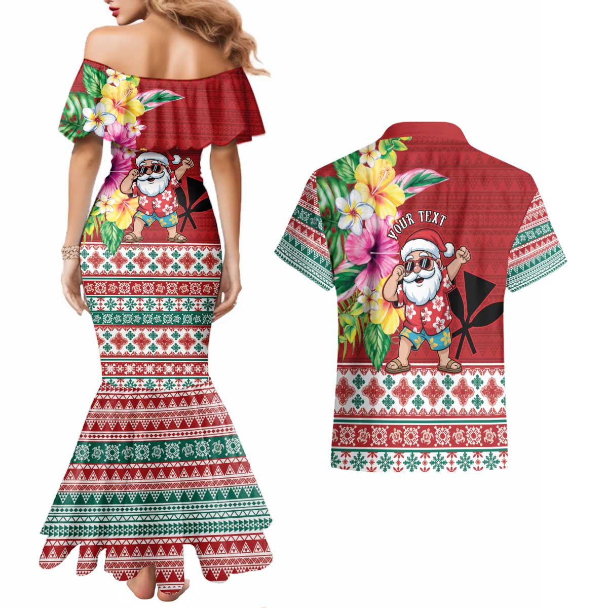 Santa Surf Mele Kalikimaka Personalized Couples Matching Mermaid Dress and Hawaiian Shirt Aloha Tropical Christmas Vibes - Polynesian Pride