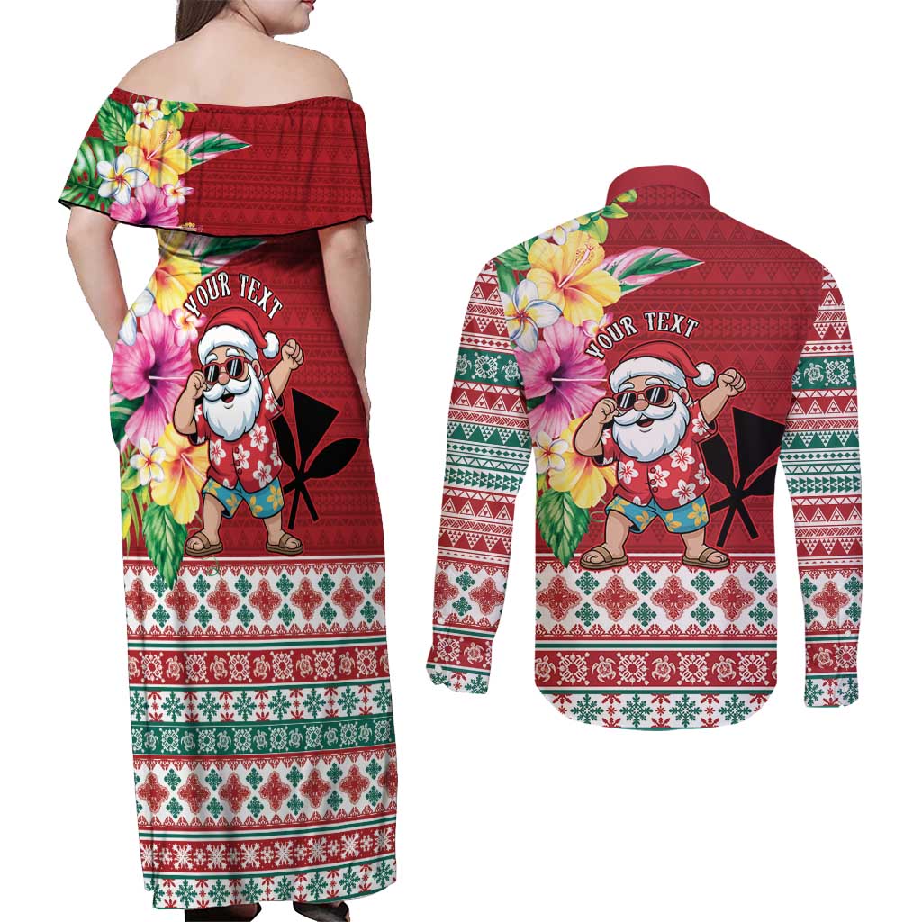 Santa Surf Mele Kalikimaka Personalized Couples Matching Off Shoulder Maxi Dress and Long Sleeve Button Shirt Aloha Tropical Christmas Vibes - Polynesian Pride