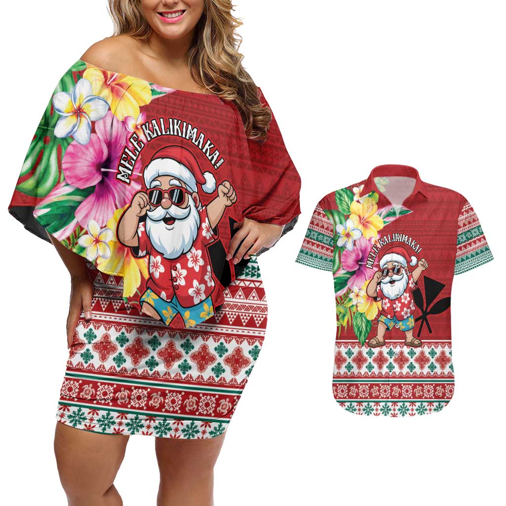 Santa Surf Mele Kalikimaka Personalized Couples Matching Off Shoulder Short Dress and Hawaiian Shirt Aloha Tropical Christmas Vibes - Polynesian Pride