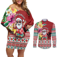 Santa Surf Mele Kalikimaka Personalized Couples Matching Off Shoulder Short Dress and Long Sleeve Button Shirt Aloha Tropical Christmas Vibes - Polynesian Pride