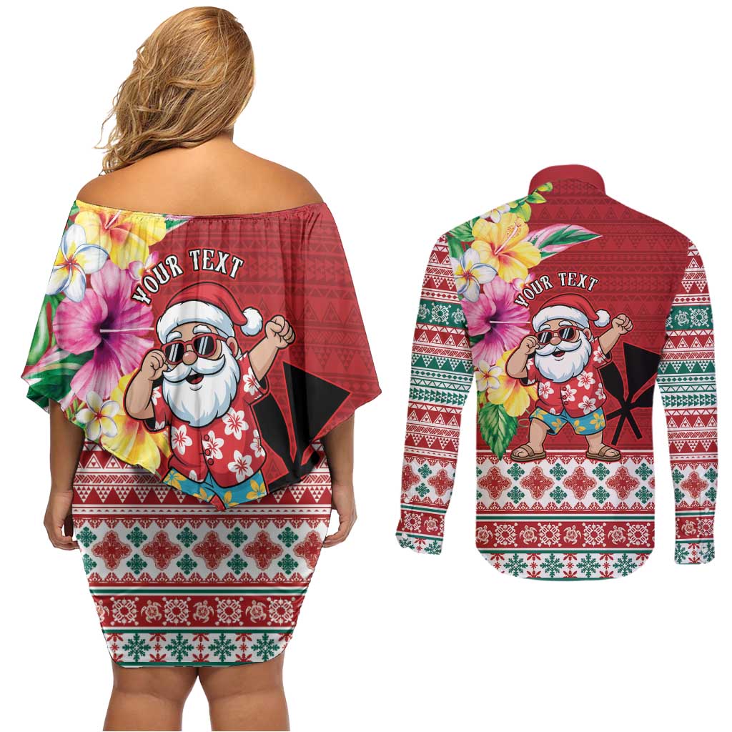 Santa Surf Mele Kalikimaka Personalized Couples Matching Off Shoulder Short Dress and Long Sleeve Button Shirt Aloha Tropical Christmas Vibes - Polynesian Pride