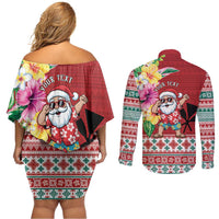 Santa Surf Mele Kalikimaka Personalized Couples Matching Off Shoulder Short Dress and Long Sleeve Button Shirt Aloha Tropical Christmas Vibes - Polynesian Pride