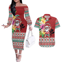 Santa Surf Mele Kalikimaka Personalized Couples Matching Off The Shoulder Long Sleeve Dress and Hawaiian Shirt Aloha Tropical Christmas Vibes - Polynesian Pride