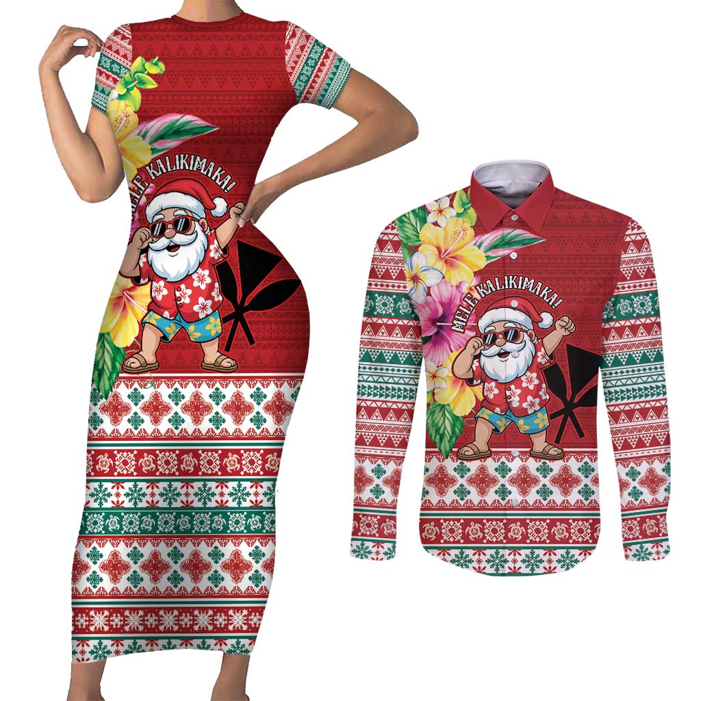 Santa Surf Mele Kalikimaka Personalized Couples Matching Short Sleeve Bodycon Dress and Long Sleeve Button Shirt Aloha Tropical Christmas Vibes - Polynesian Pride