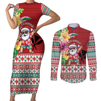 Santa Surf Mele Kalikimaka Personalized Couples Matching Short Sleeve Bodycon Dress and Long Sleeve Button Shirt Aloha Tropical Christmas Vibes - Polynesian Pride
