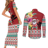 Santa Surf Mele Kalikimaka Personalized Couples Matching Short Sleeve Bodycon Dress and Long Sleeve Button Shirt Aloha Tropical Christmas Vibes - Polynesian Pride