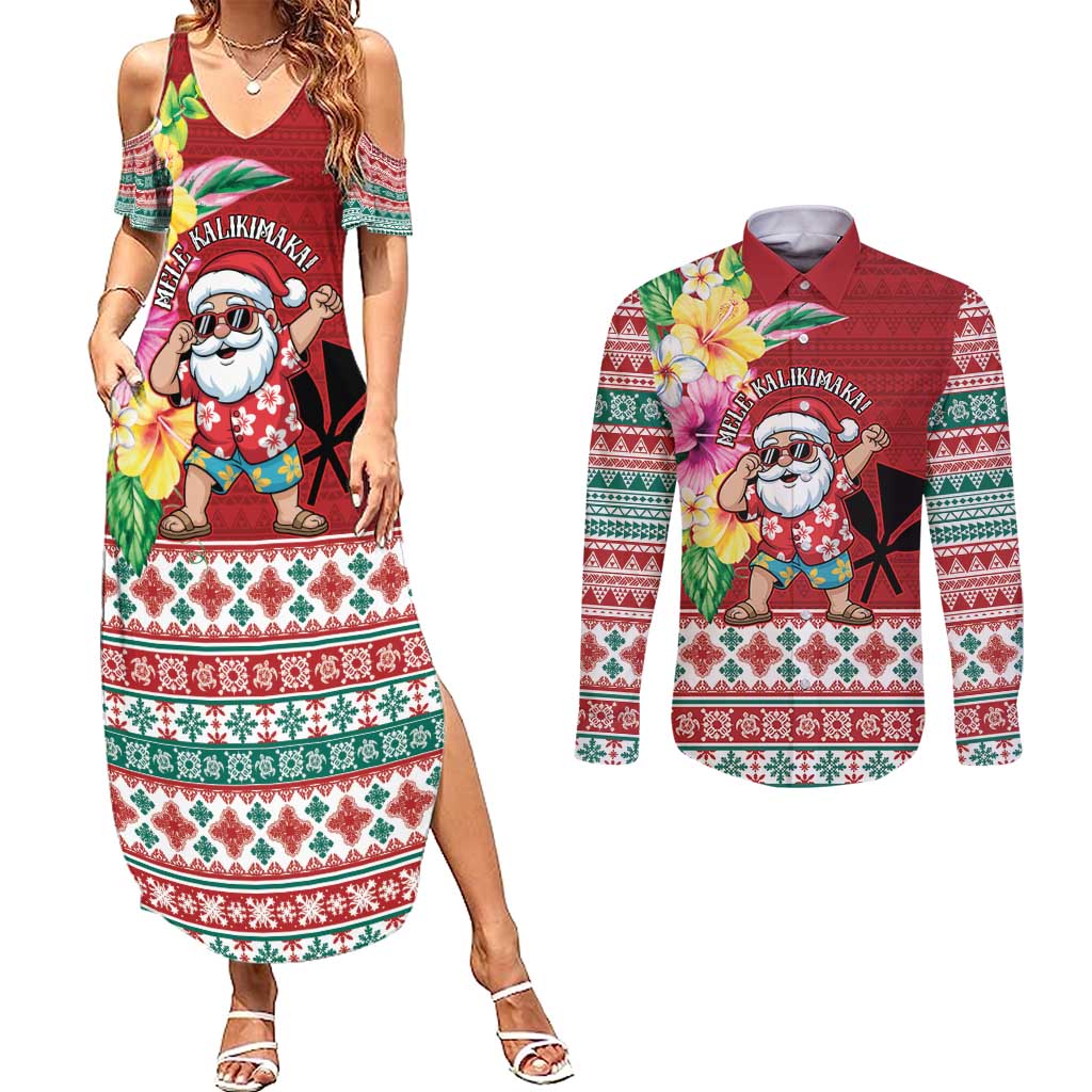 Santa Surf Mele Kalikimaka Personalized Couples Matching Summer Maxi Dress and Long Sleeve Button Shirt Aloha Tropical Christmas Vibes - Polynesian Pride
