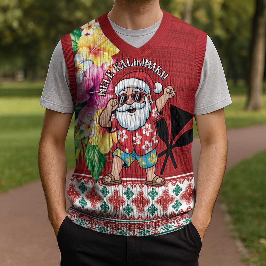 Santa Surf Mele Kalikimaka Personalized Christmas Knitted V-Neck Vest Aloha Tropical Christmas Vibes - Polynesian Pride