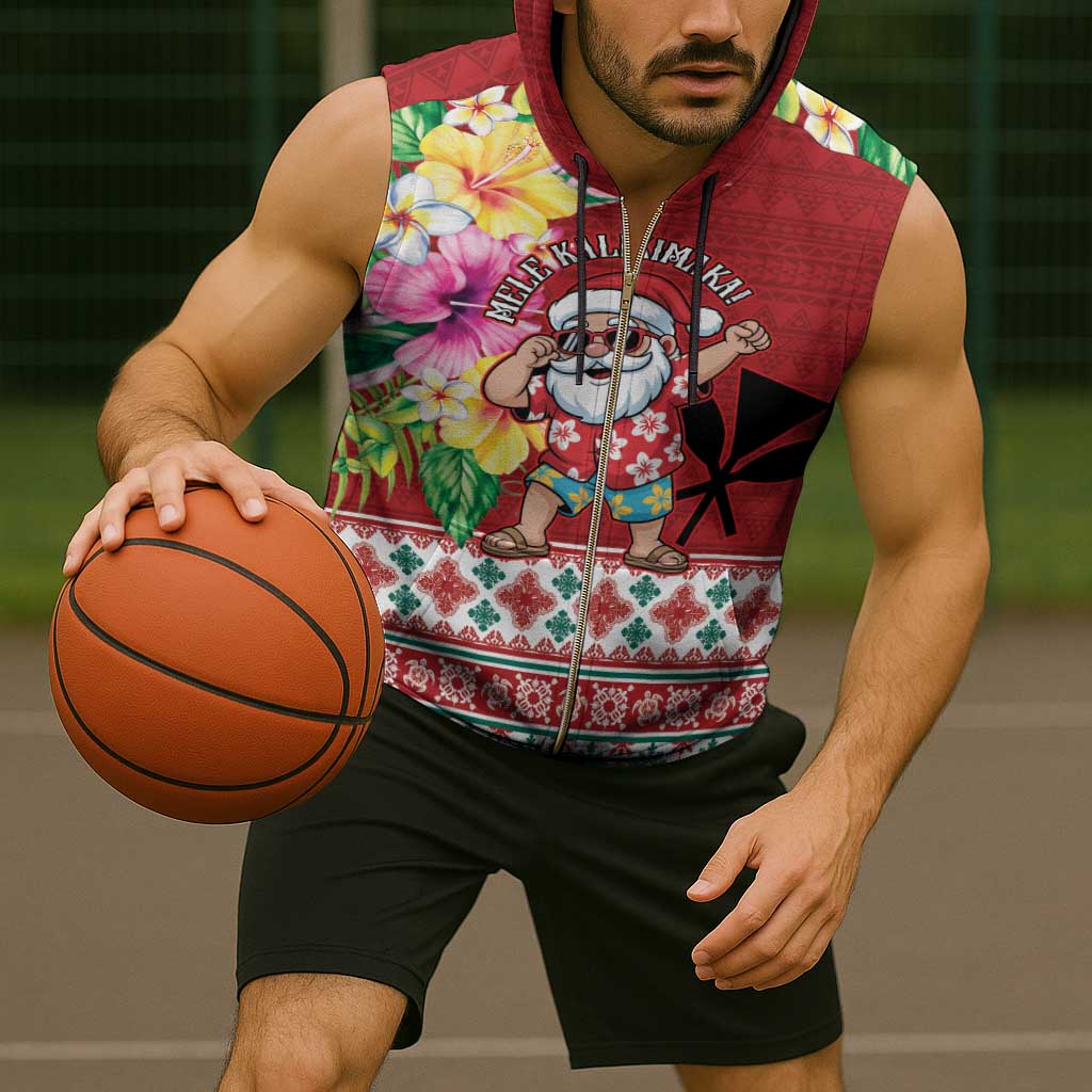 Santa Surf Mele Kalikimaka Personalized Sleeveless Zip Hoodie Aloha Tropical Christmas Vibes - Polynesian Pride