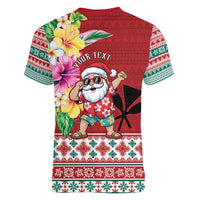 Santa Surf Mele Kalikimaka Personalized Women V-Neck T-Shirt Aloha Tropical Christmas Vibes - Polynesian Pride