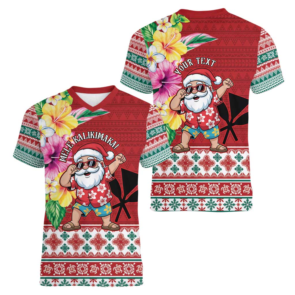 Santa Surf Mele Kalikimaka Personalized Women V-Neck T-Shirt Aloha Tropical Christmas Vibes - Polynesian Pride