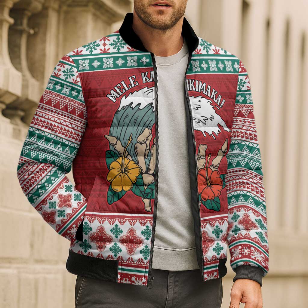 Shaka Sign Skull Mele Kalikimaka Personalized Bomber Puffer Jacket Hawaiian Quilt Pattern - Polynesian Pride