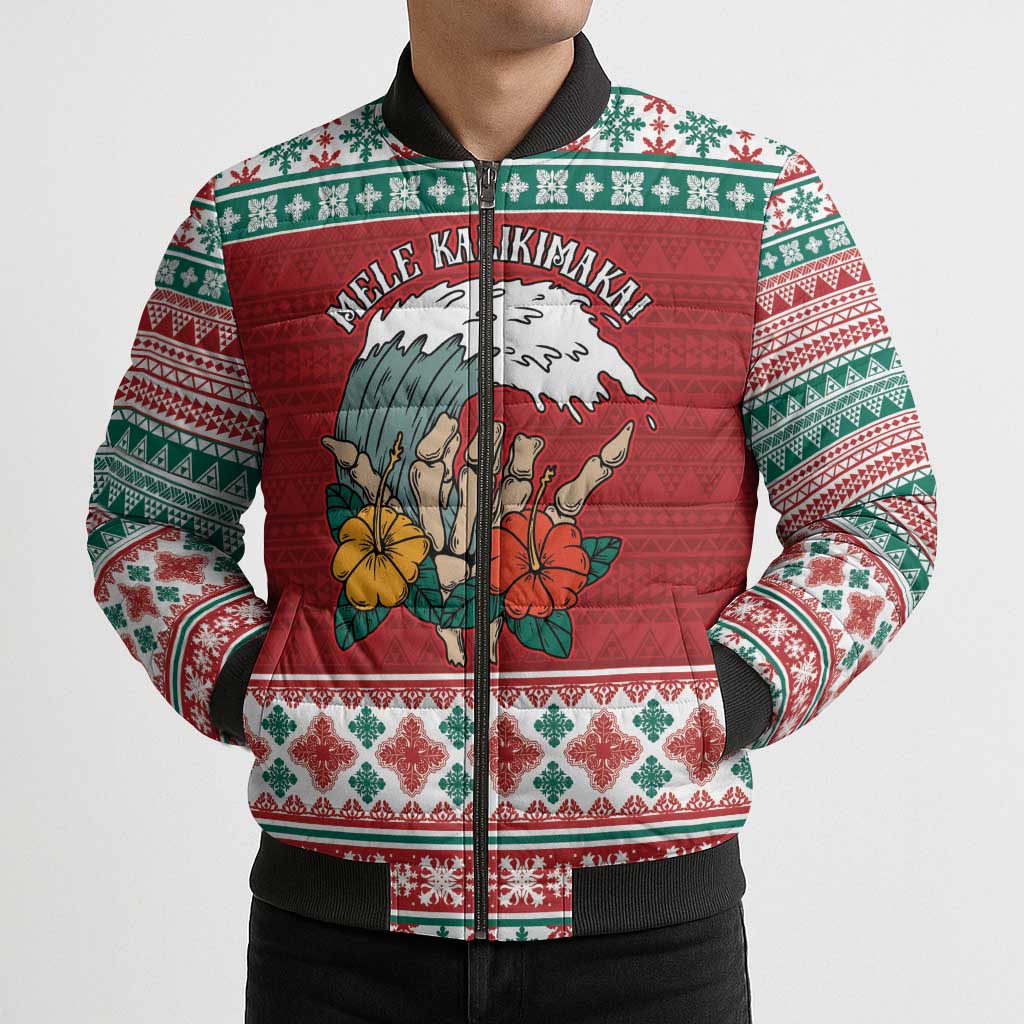 Shaka Sign Skull Mele Kalikimaka Personalized Bomber Puffer Jacket Hawaiian Quilt Pattern - Polynesian Pride