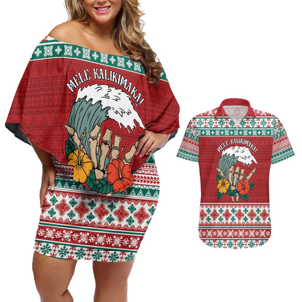 Shaka Sign Skull Mele Kalikimaka Personalized Couples Matching Off Shoulder Short Dress and Hawaiian Shirt Hawaiian Quilt Pattern - Polynesian Pride