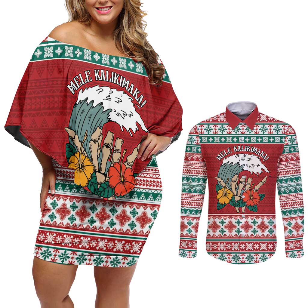 Shaka Sign Skull Mele Kalikimaka Personalized Couples Matching Off Shoulder Short Dress and Long Sleeve Button Shirt Hawaiian Quilt Pattern - Polynesian Pride