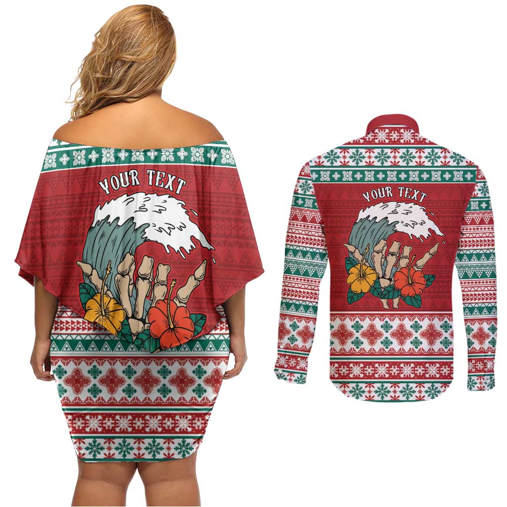 Shaka Sign Skull Mele Kalikimaka Personalized Couples Matching Off Shoulder Short Dress and Long Sleeve Button Shirt Hawaiian Quilt Pattern - Polynesian Pride