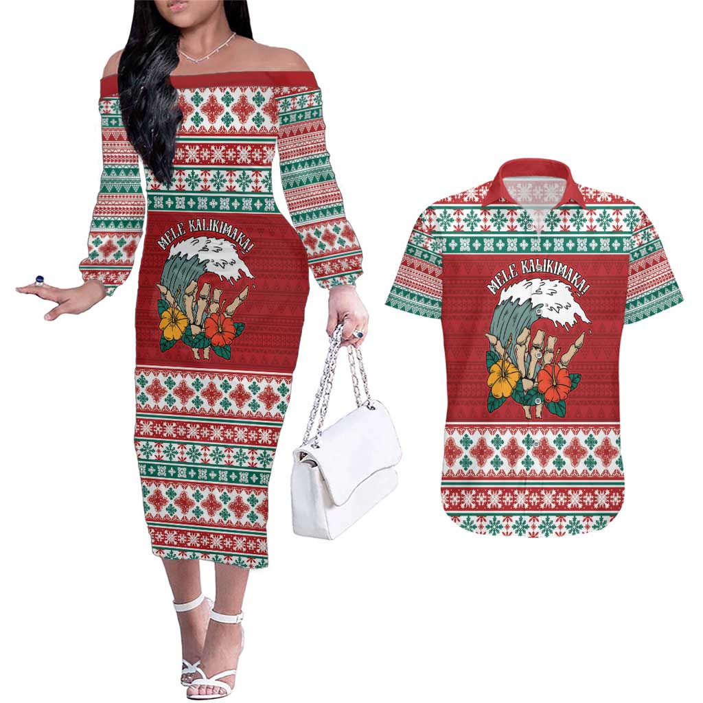 Shaka Sign Skull Mele Kalikimaka Personalized Couples Matching Off The Shoulder Long Sleeve Dress and Hawaiian Shirt Hawaiian Quilt Pattern - Polynesian Pride