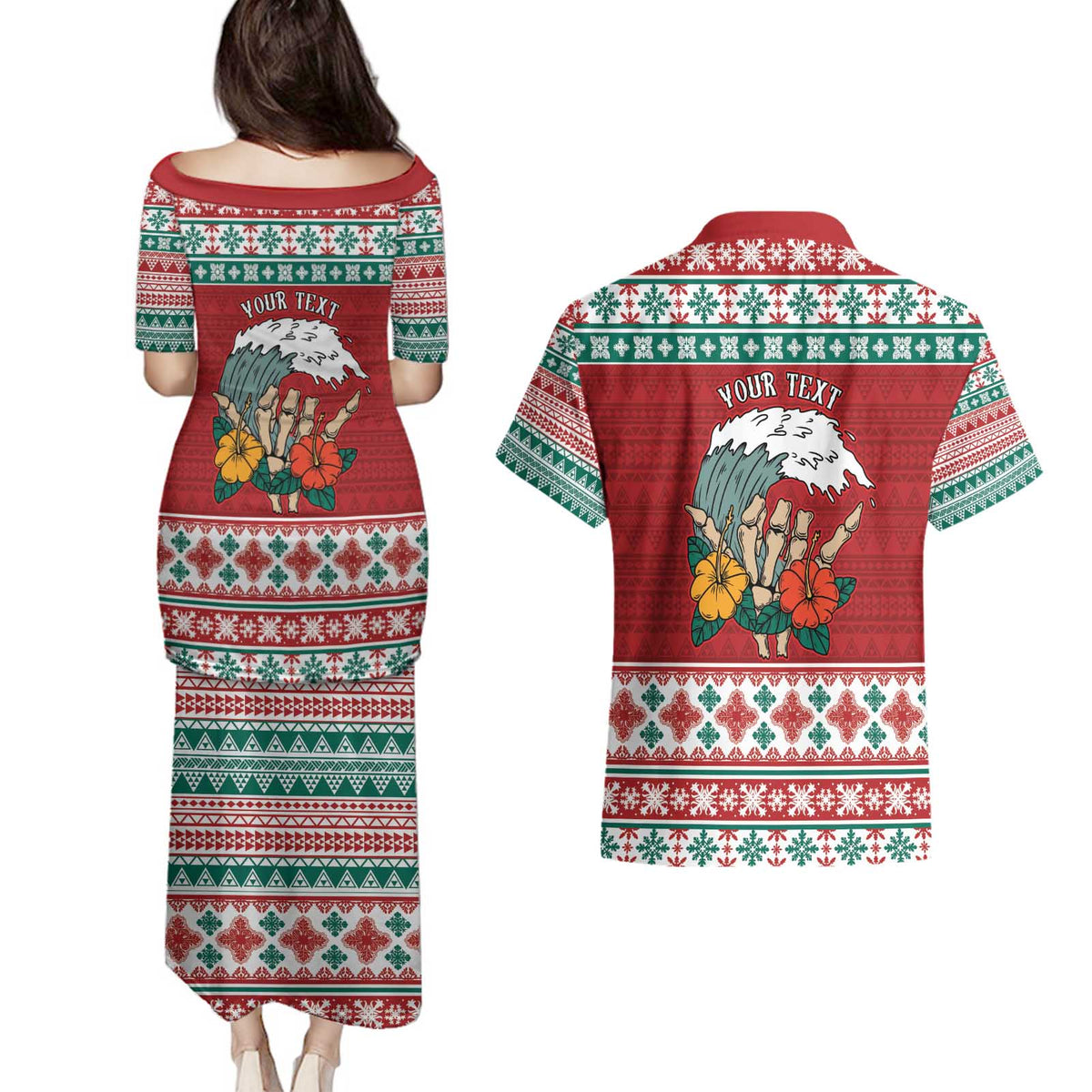 Shaka Sign Skull Mele Kalikimaka Personalized Couples Matching Puletasi and Hawaiian Shirt Hawaiian Quilt Pattern - Polynesian Pride