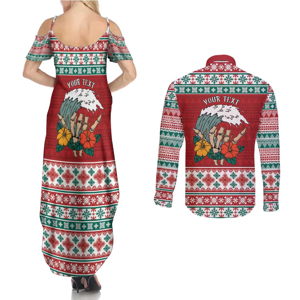 Shaka Sign Skull Mele Kalikimaka Personalized Couples Matching Summer Maxi Dress and Long Sleeve Button Shirt Hawaiian Quilt Pattern - Polynesian Pride